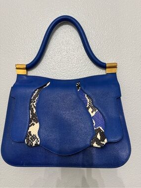 Cobalt Blue Leather Shoulder Bag with Snake-Print Accents